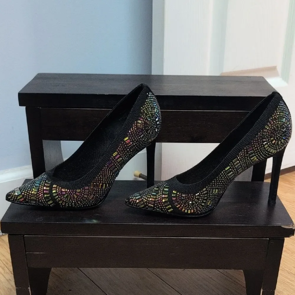 Thalia Sodi Black Stiletto Heels Vibrant Multicolor Rhinestones Size 5.5 NEW